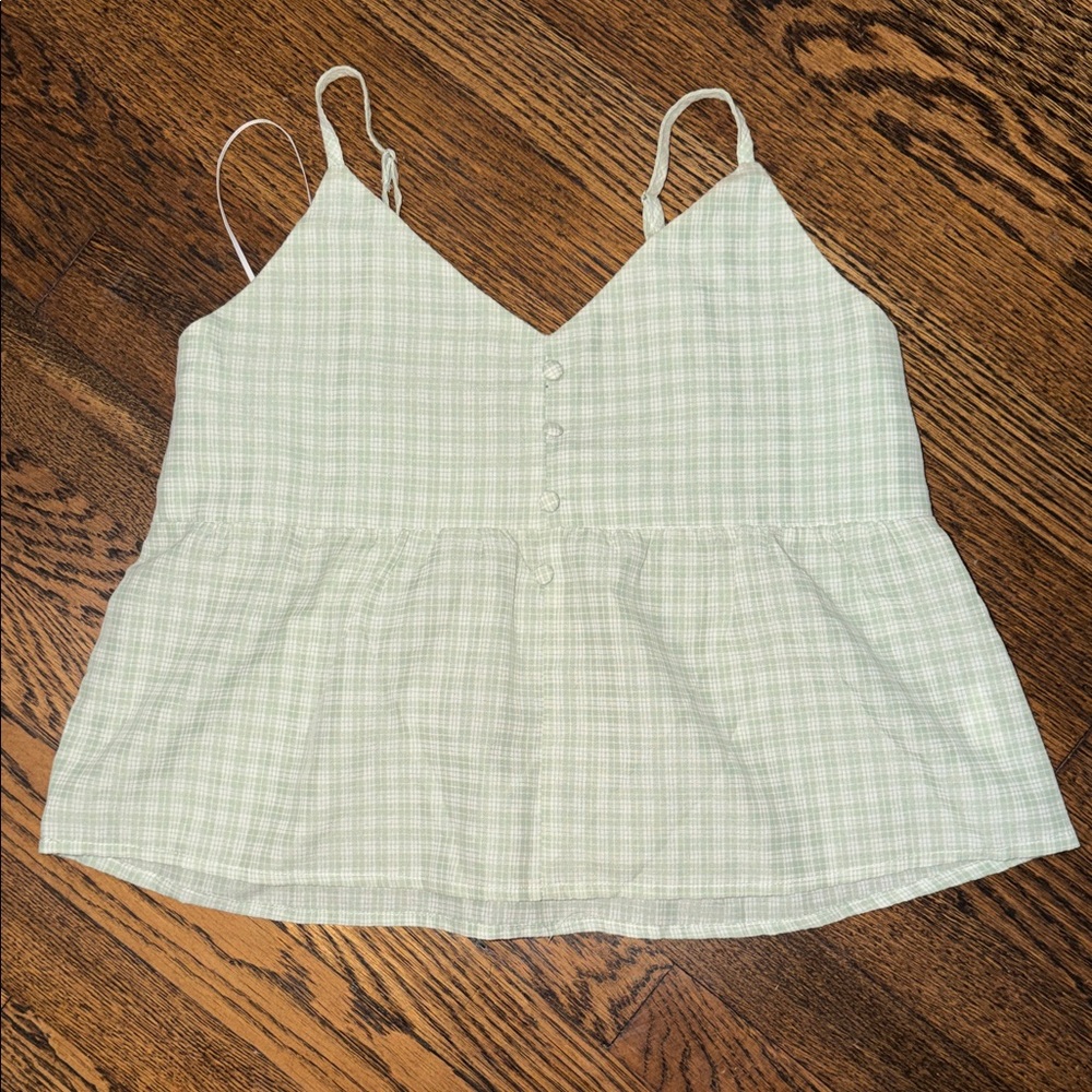 Light Green Plaid Spaghetti-Strap Peplum Camisole